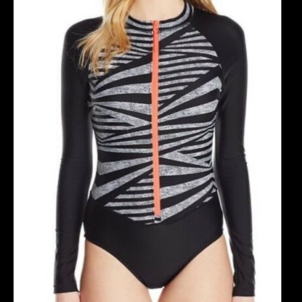 Speedo Black + Gray Long Sleeve One-Piece with Orange Zip